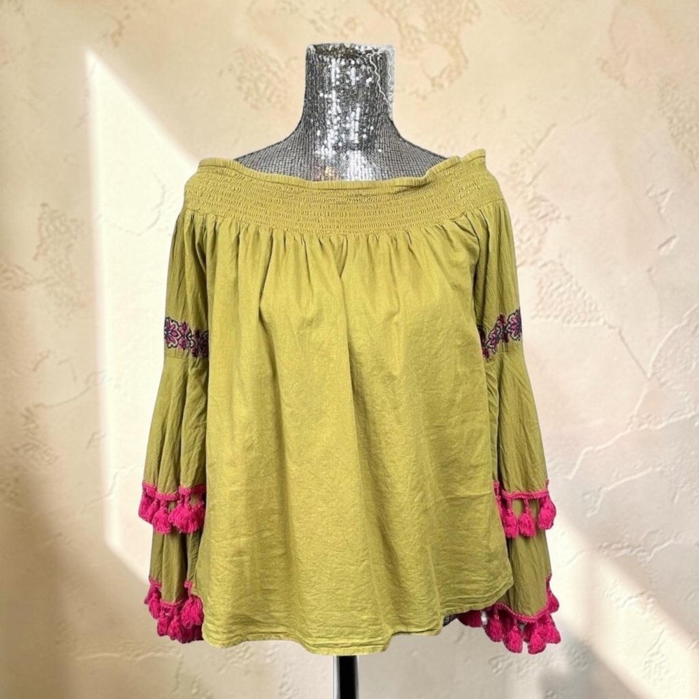 Boho Smocked Off Shoulder Cotton Peasant Blouse Embroidered Tiered Top Large